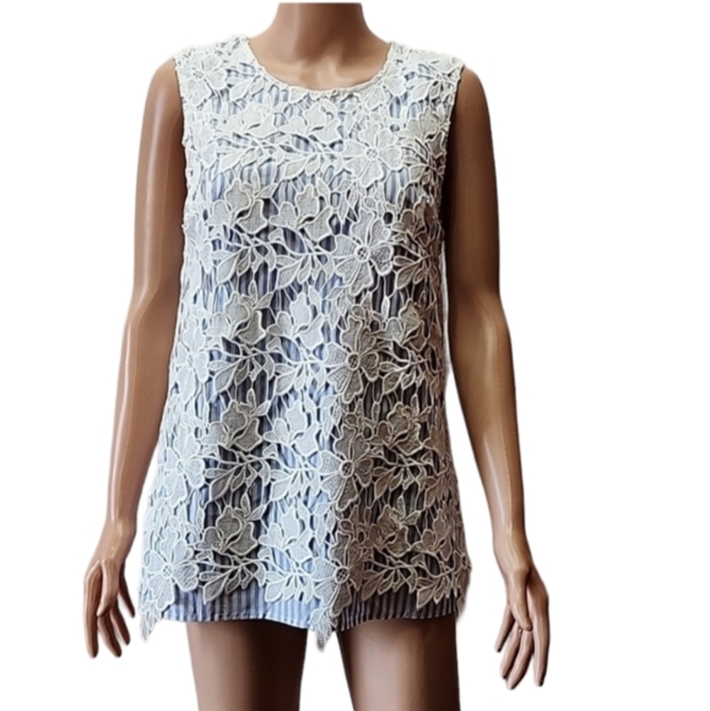 Valerie Stevens lace overlay sleeveless top‎ Blue/White Size S  Small
